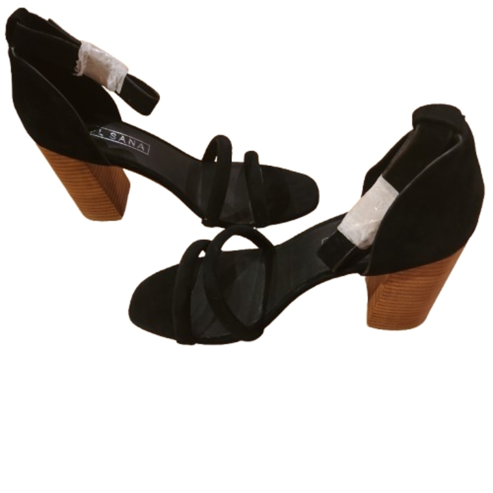 Sol Sana Black and Brown Heeled Sandals with Peep-Toe Design